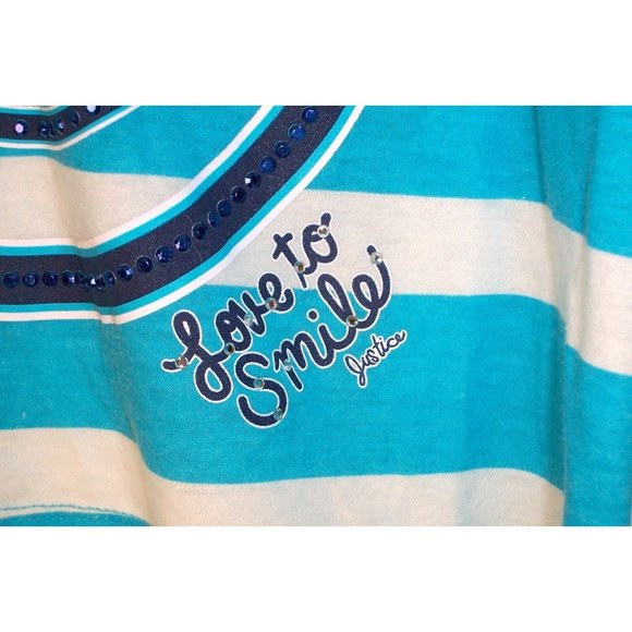 Girls Justice Top 12  Smiley Face Rhinestone Bling Striped Blue White - Picture 3 of 5